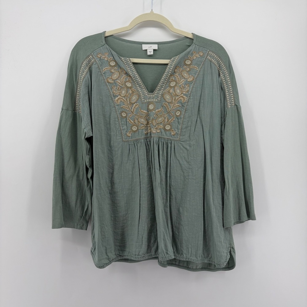 J. Jill Womens Medium Green Top Embroidered V-Neck 3/4 Sleeve Mixed Media Boho